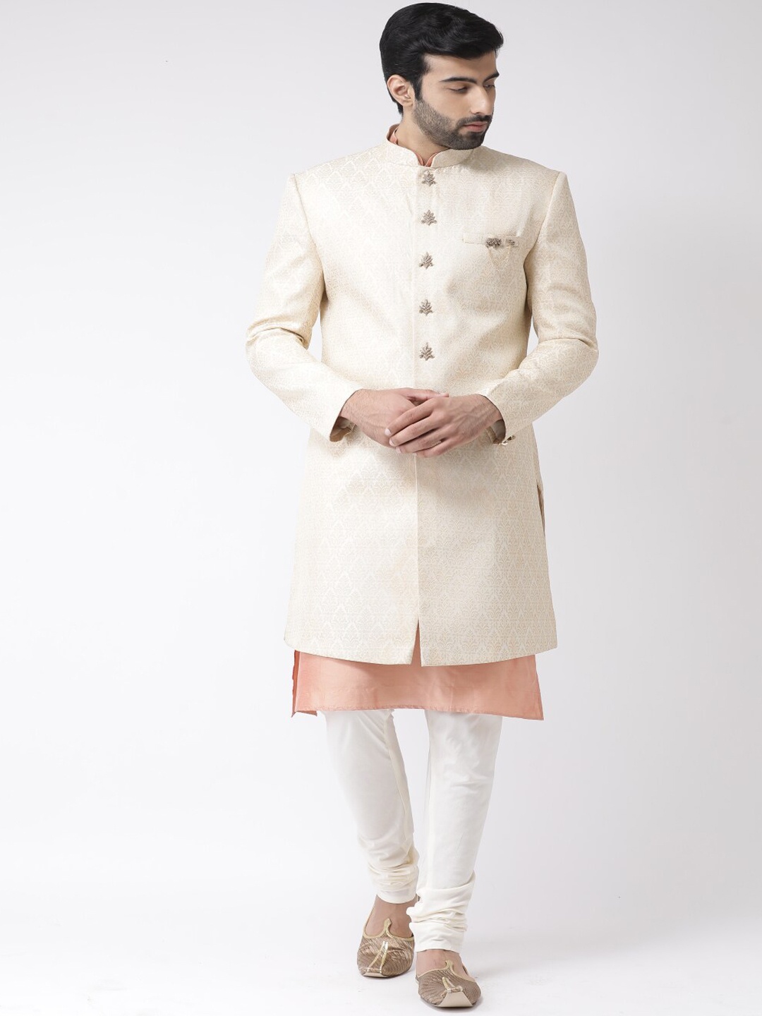 KISAH Men Self-Design Mandarin Collar Indowestern Sherwani Set, Cream