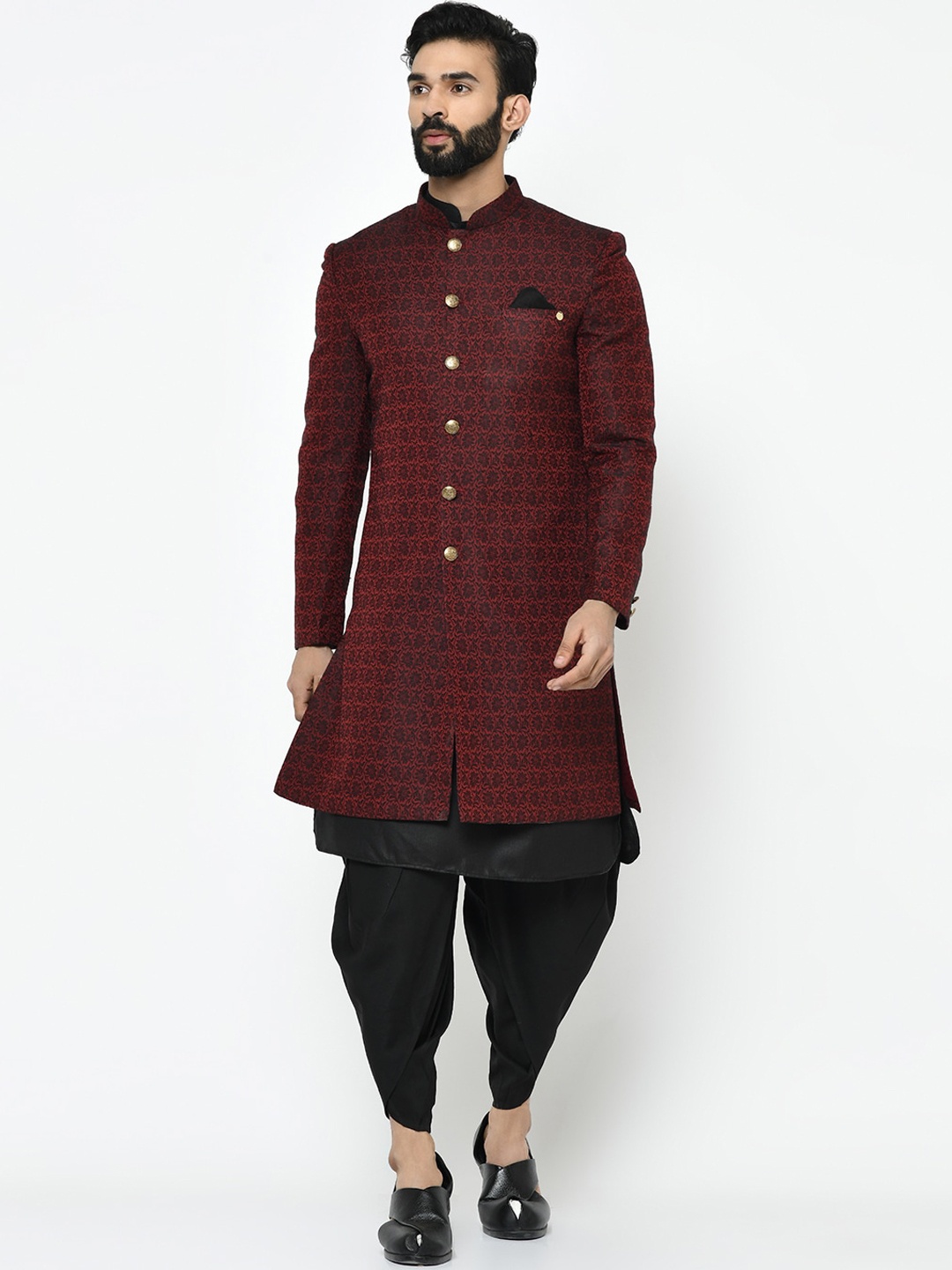 KISAH Men Self-Design Mandarin Collar Indowestern Sherwani Set, Maroon