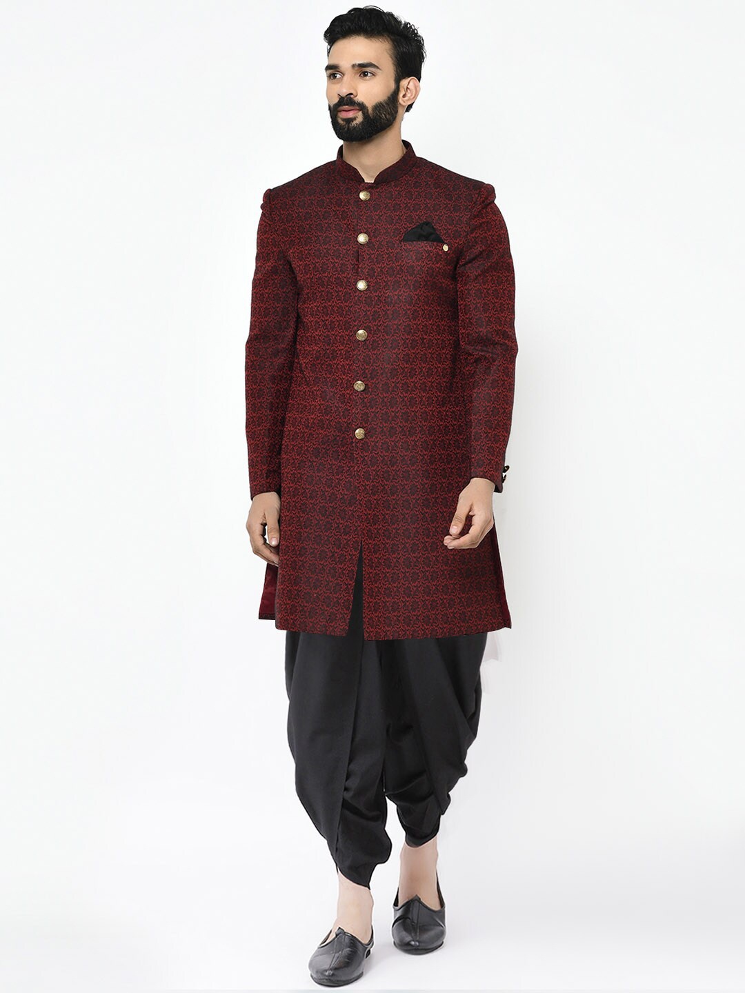 

KISAH Men Self Design Indowestern Sherwani with Dhoti Pants Set, Maroon