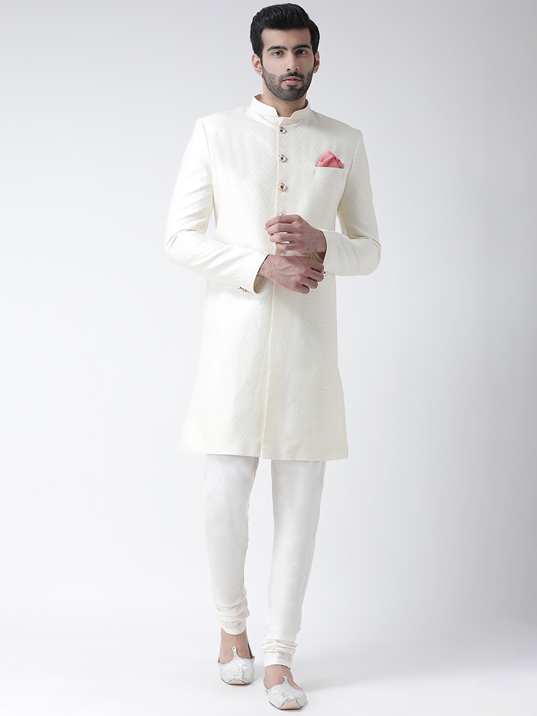 

KISAH Men Self-Design Mandarin Collar Sherwani Set, White