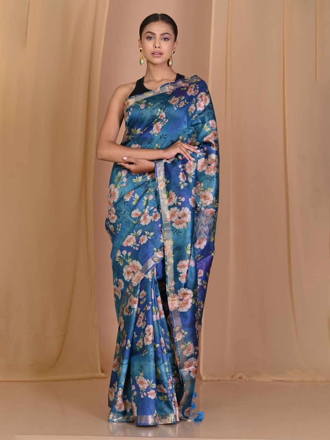 

Very Much Indian Floral Printed Zari Pure Silk Tussar Saree, Blue