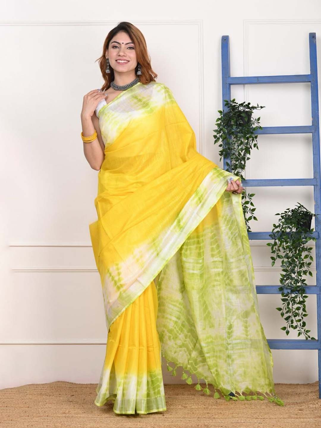 

Very Much Indian Tie And Dye Printed Pure Cotton Saree, Yellow
