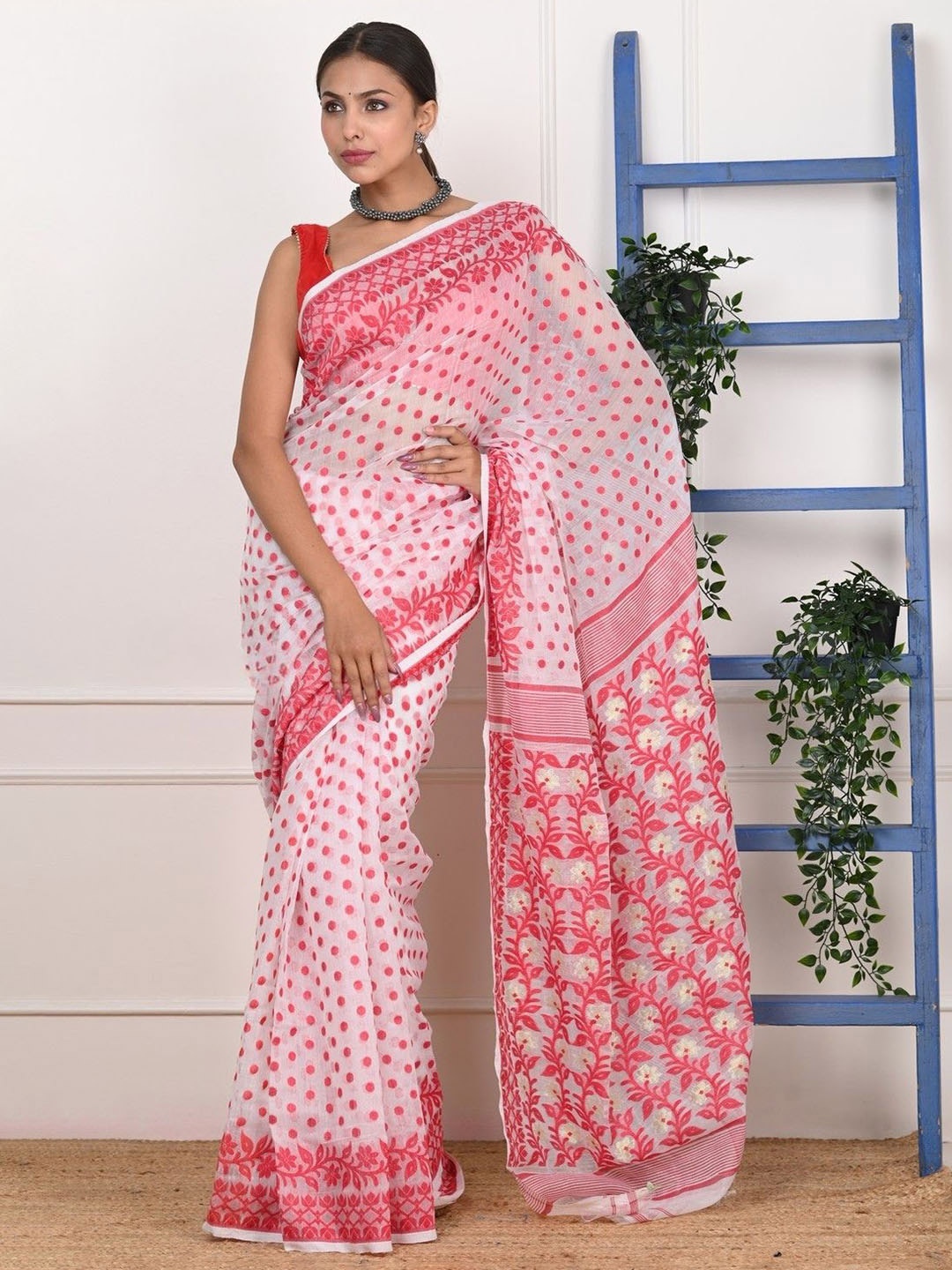 

Very Much Indian Polka Dots Woven Design Zari Pure Cotton Jamdani Saree, Red