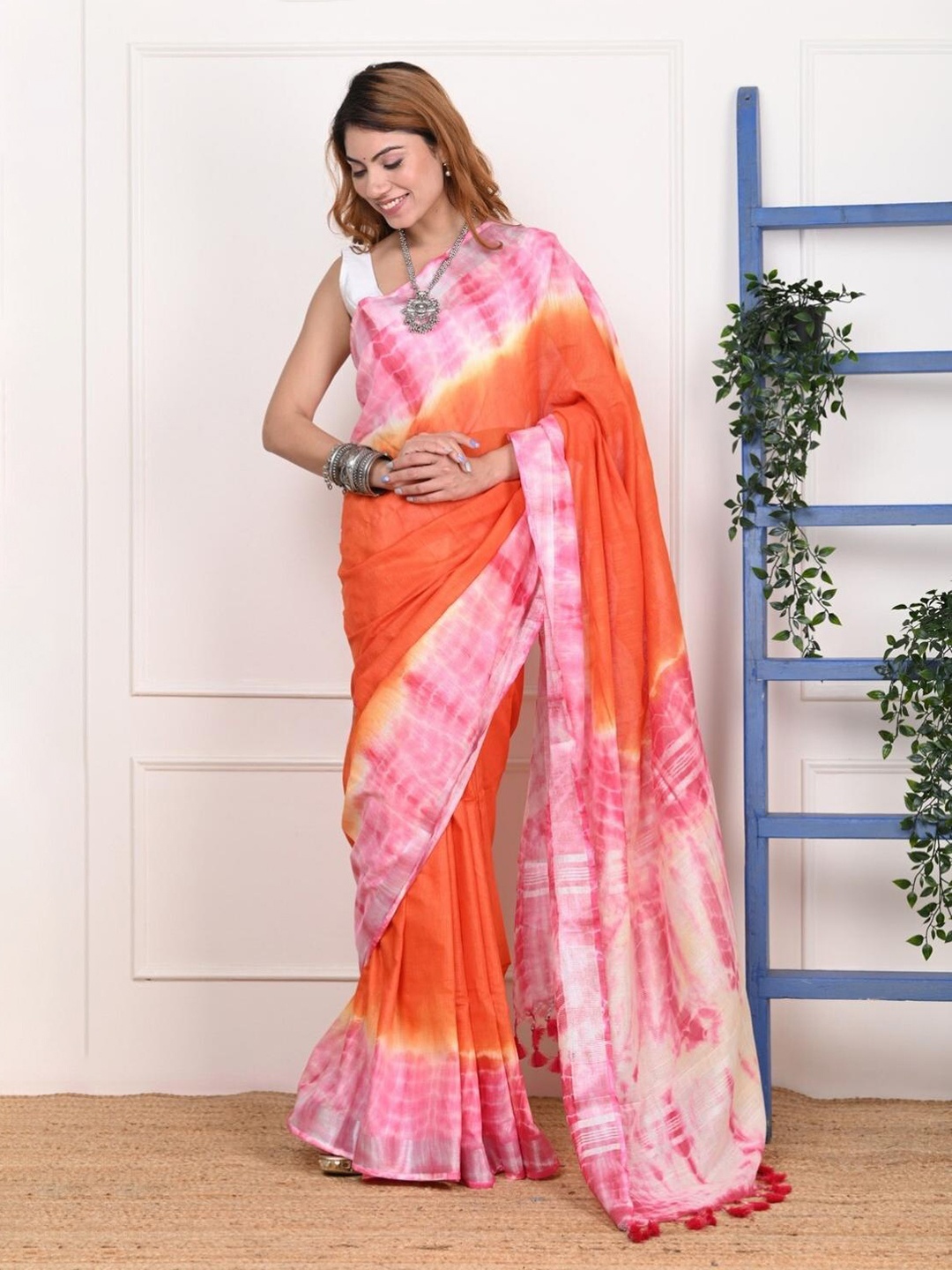 

Very Much Indian Tie And Dyed Pure Cotton Saree, Orange