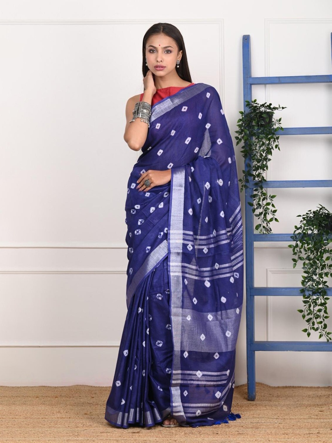 

Very Much Indian Bandhani Printed Zari Pure Cotton Saree, Blue