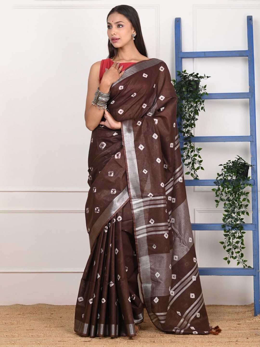 

Very Much Indian Bandhani Printed Zari Pure Cotton Saree, Brown