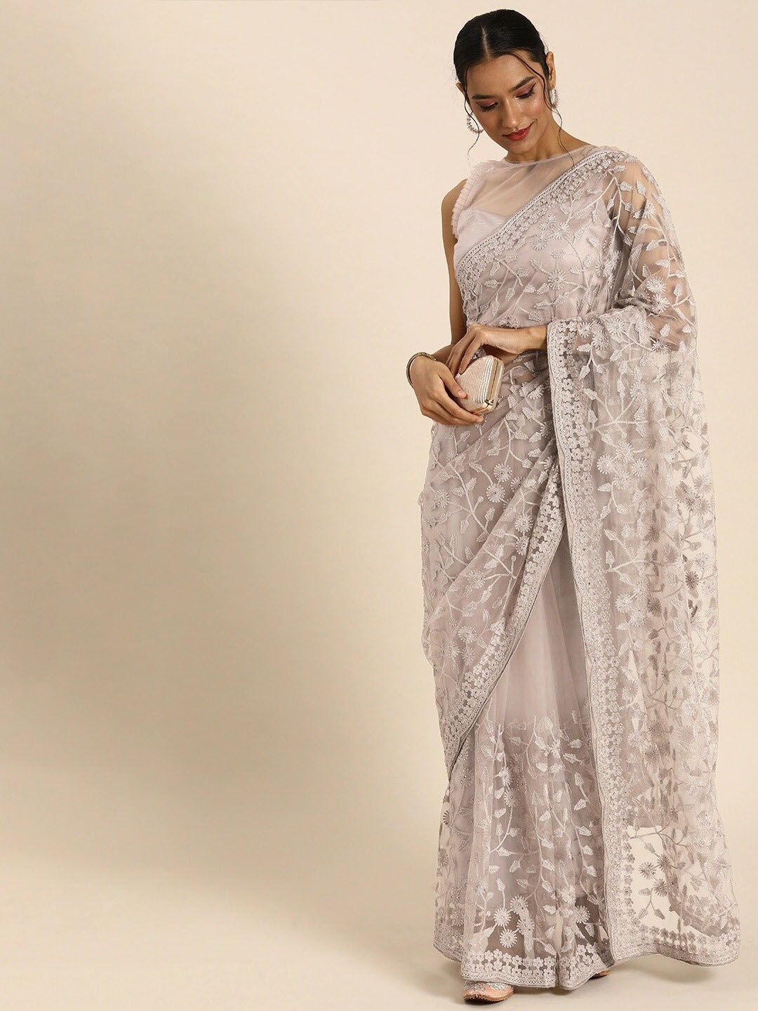 

KALINI Floral Embroidered Beads And Stones Embellished Net Saree, Beige