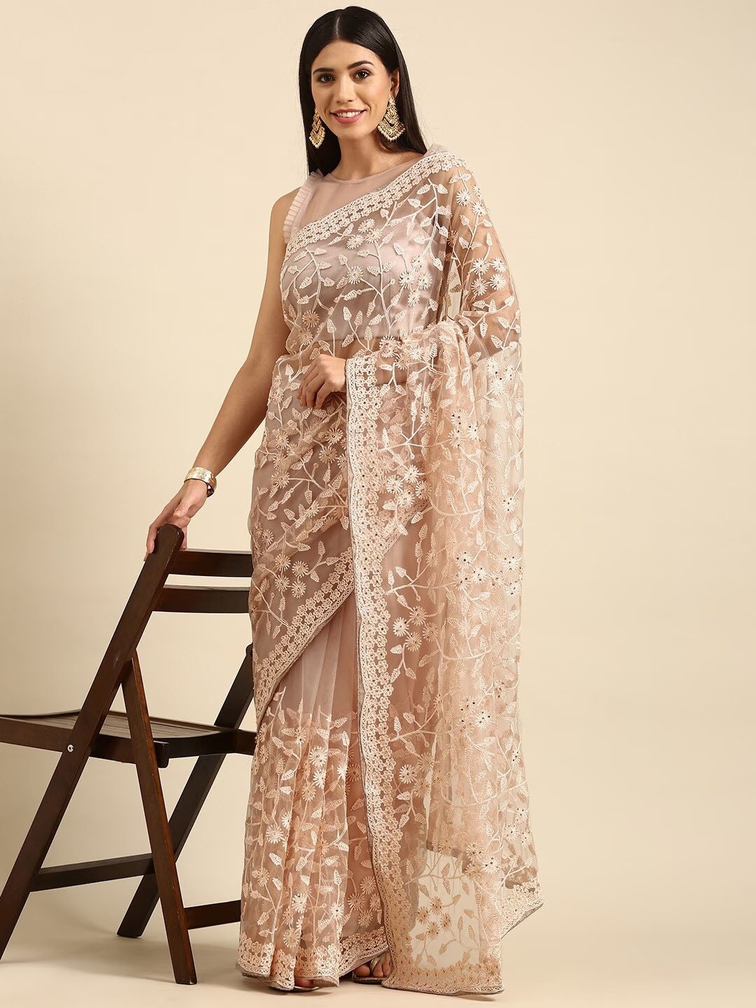 

KALINI Embroidered Beads And Stones Embellished Net Saree, Peach