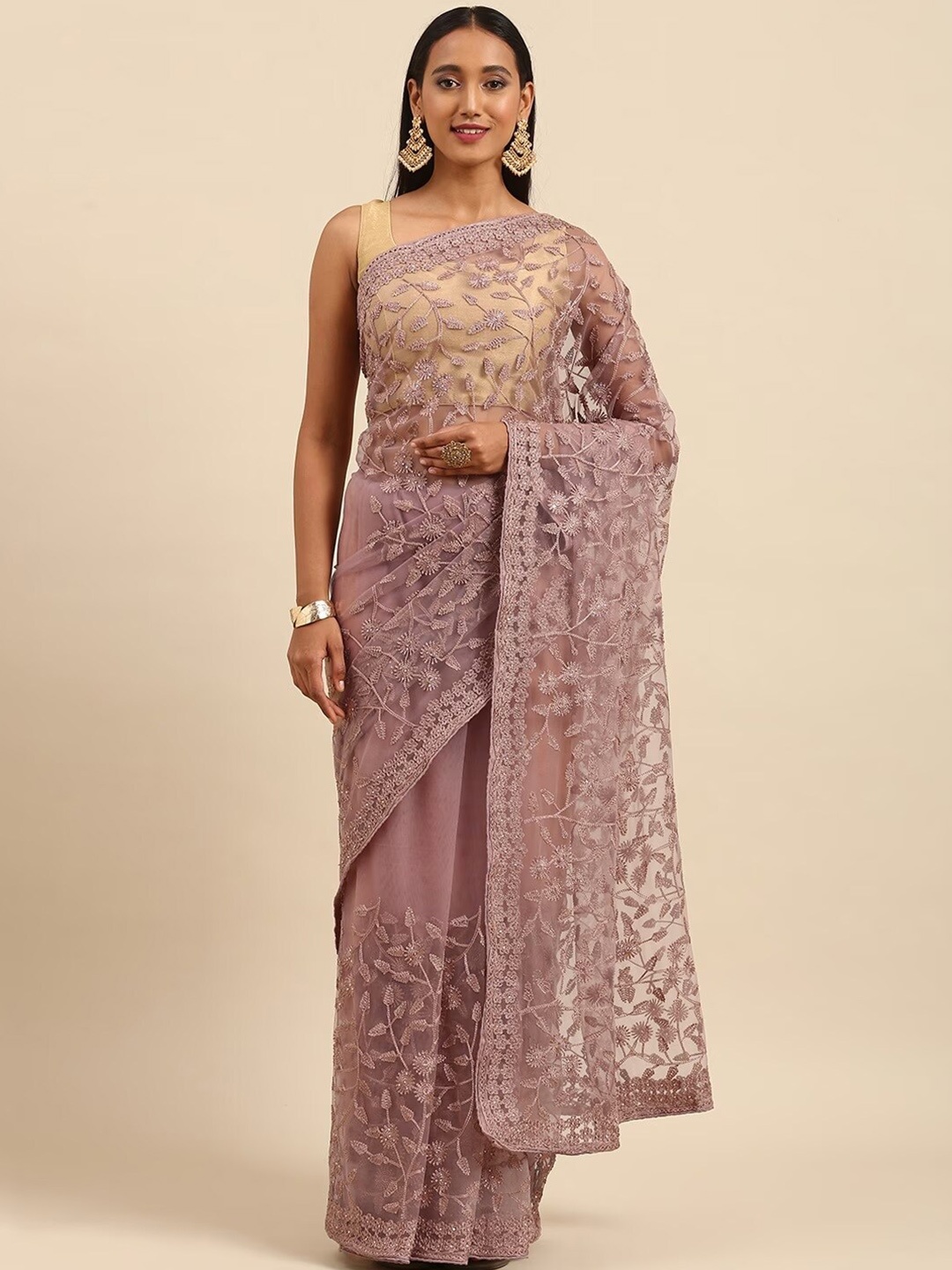 

KALINI Embroidered Beads And Stones Embellished Net Saree, Pink