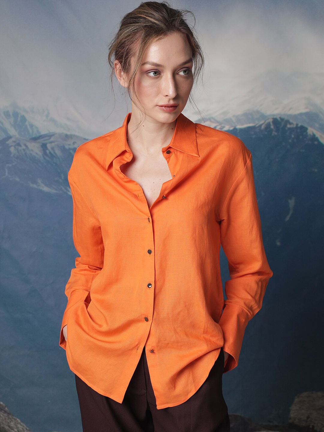 

RAREISM Shirt Collar Cuff Sleeves Shirt Style Top, Orange