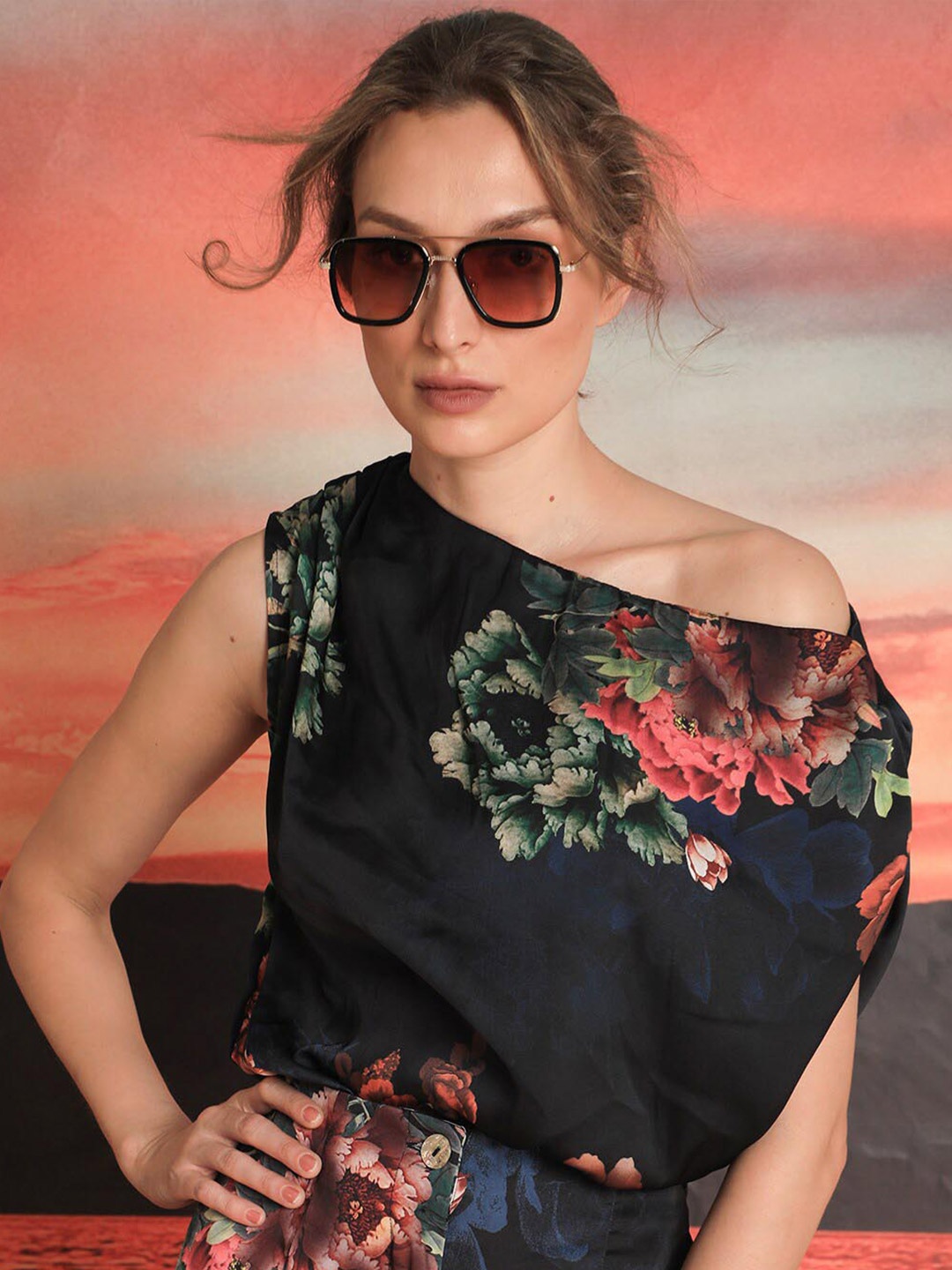 

RAREISM Floral Printed One Shoulder Top, Black