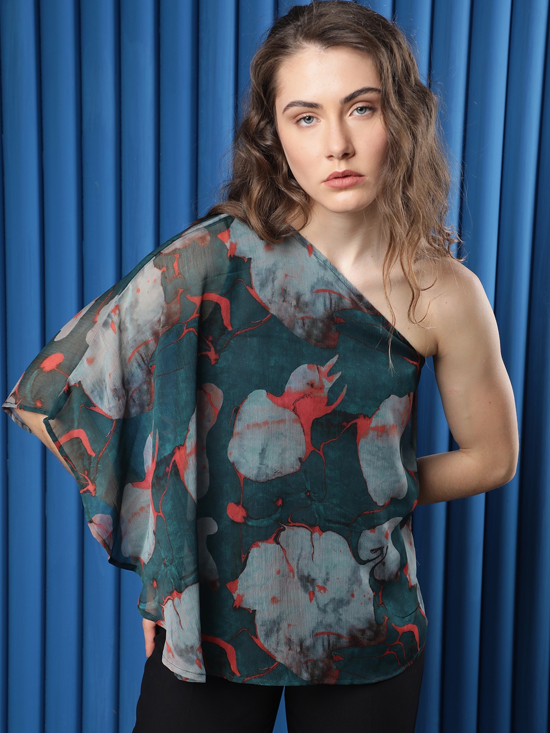 

RAREISM Floral Printed V-Neck Long Sleeves Waist Tie-Ups Wrap Regular Top, Cream