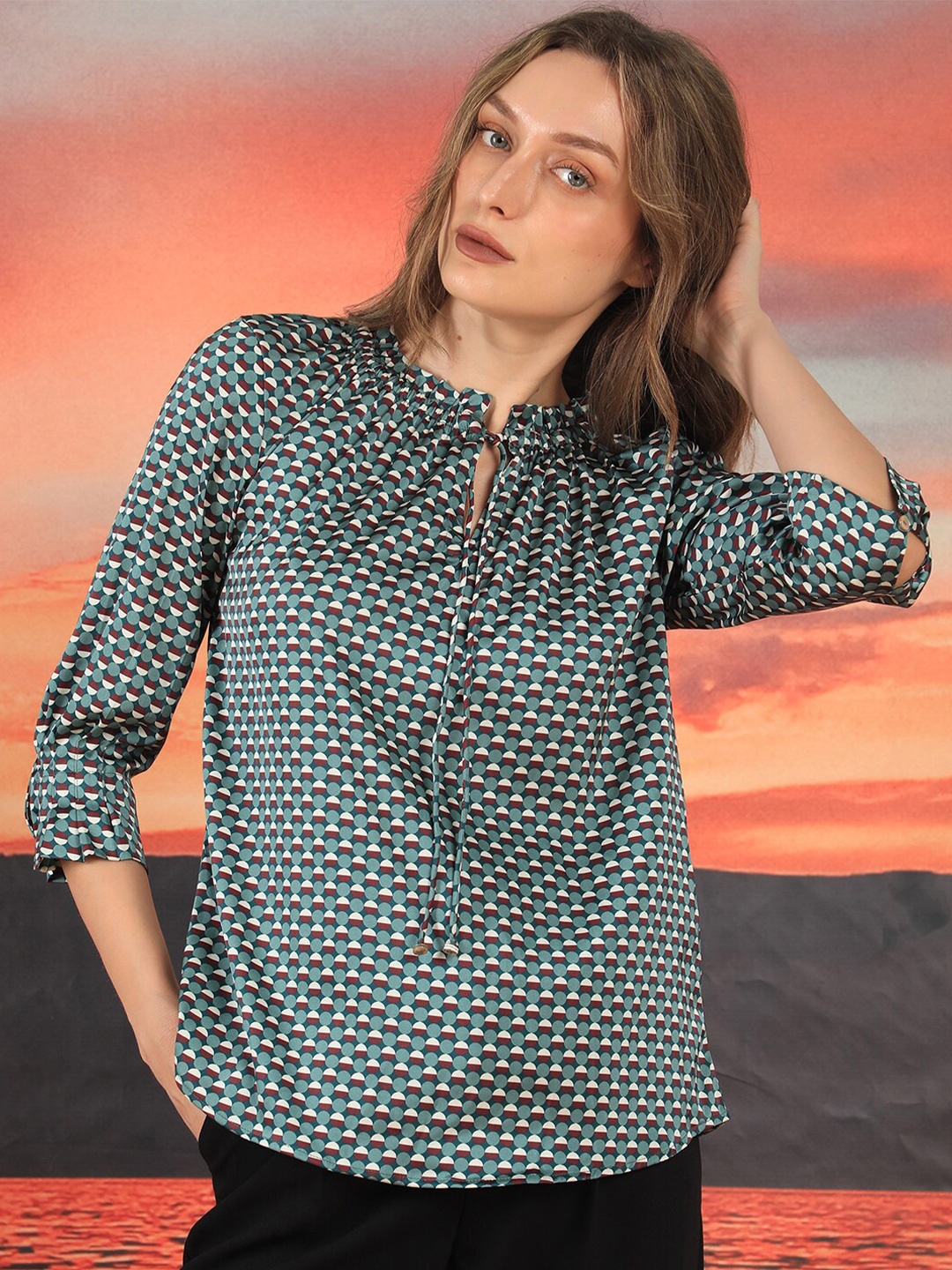 

RAREISM Conversational Printed Tie-Up Neck Three-Quarter Sleeves Regular Top, Green