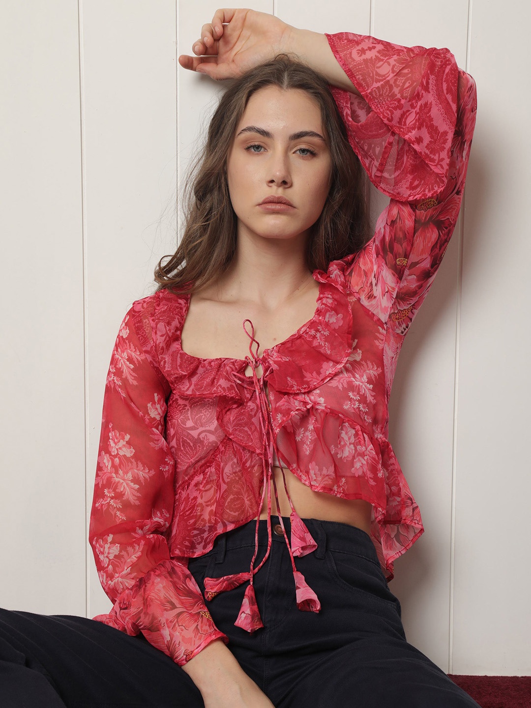 

RAREISM Floral Printed Crop Tie-Up Shrug, Maroon