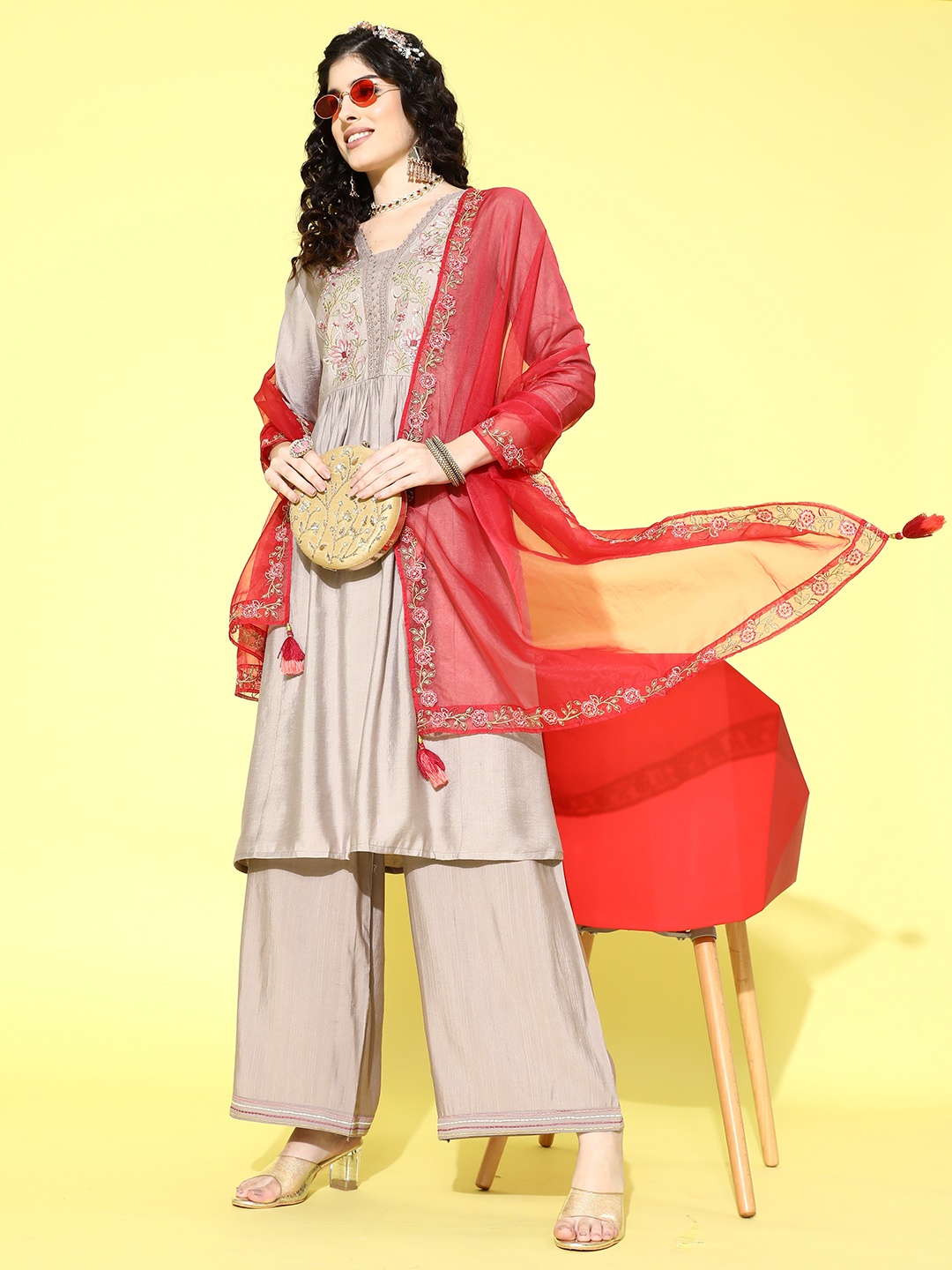 

Sangria Embroidered Regular Thread Work Kurta with Palazzos & With Dupatta, Beige