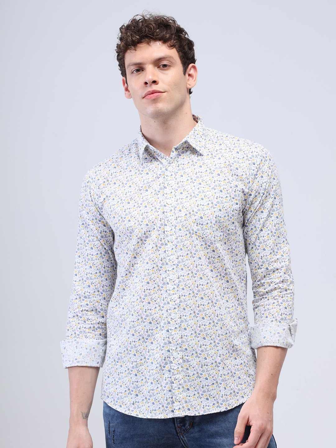 

Reslag Floral Printed Cotton Slim Fit Casual Shirt, White