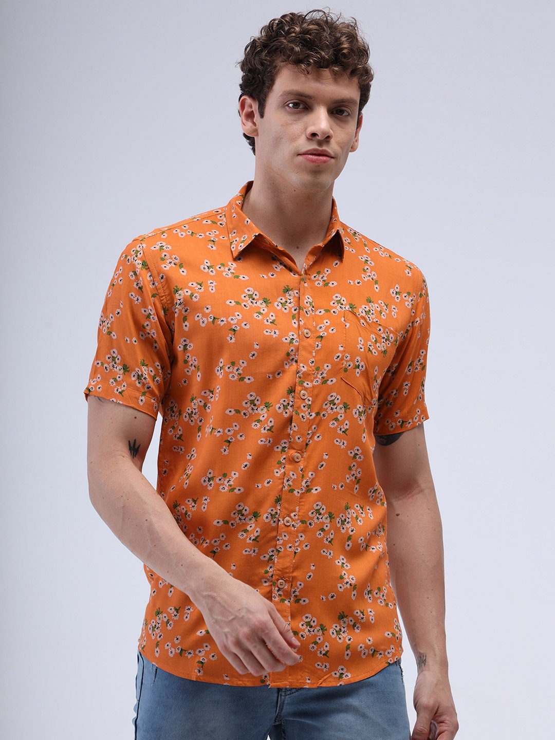

Reslag Spread Collar Floral Printed Slim Fit Cotton Casual Shirt, Orange