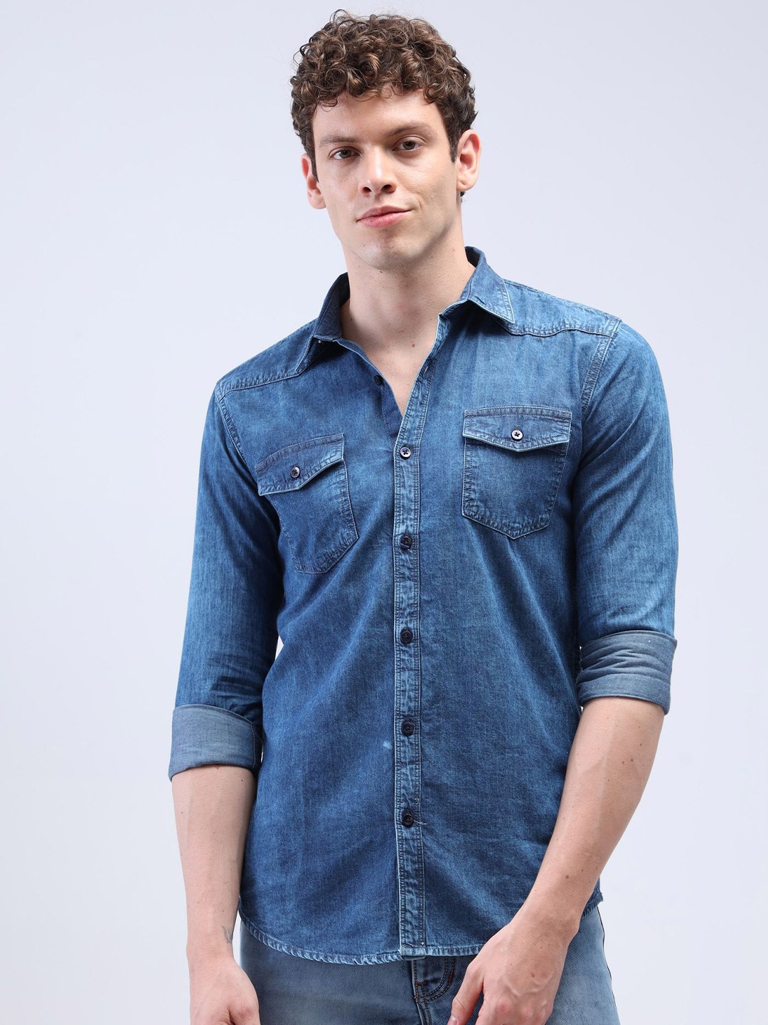 

Reslag Spread Collar Cotton Slim Fit Casual Shirt, Blue