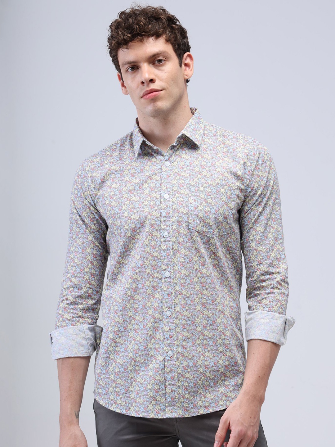 

Reslag Slim Fit Floral Printed Cotton Casual Shirt, Grey