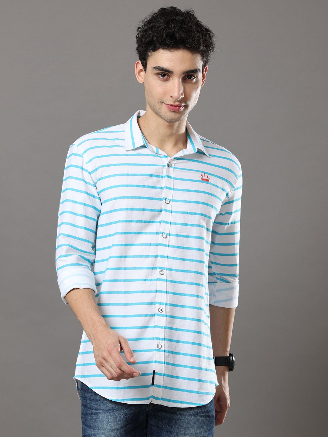 

Reslag Spread Collar Stripes Slim Fit Cotton Casual Shirt, Blue