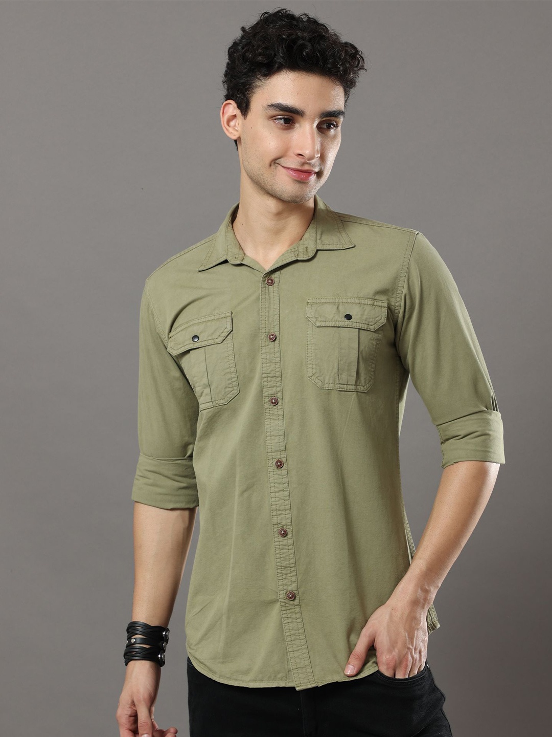 

Reslag Spread Collar Cotton Slim Fit Casual Shirt, Khaki