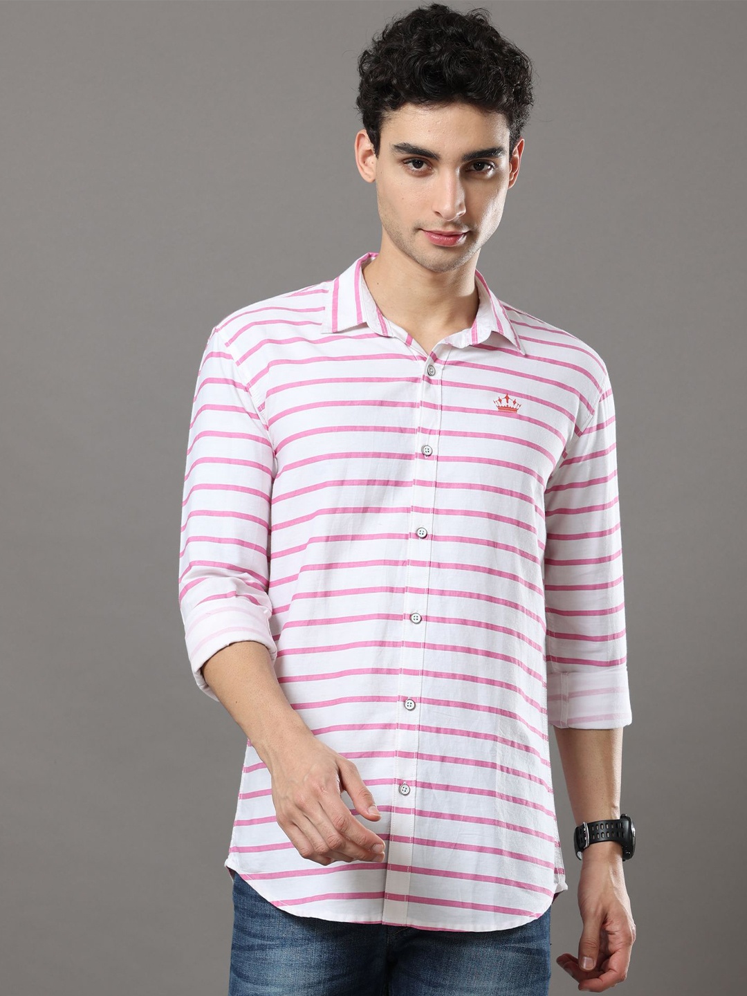

Reslag Slim Fit Horizontal Stripes Cotton Casual Shirt, Pink