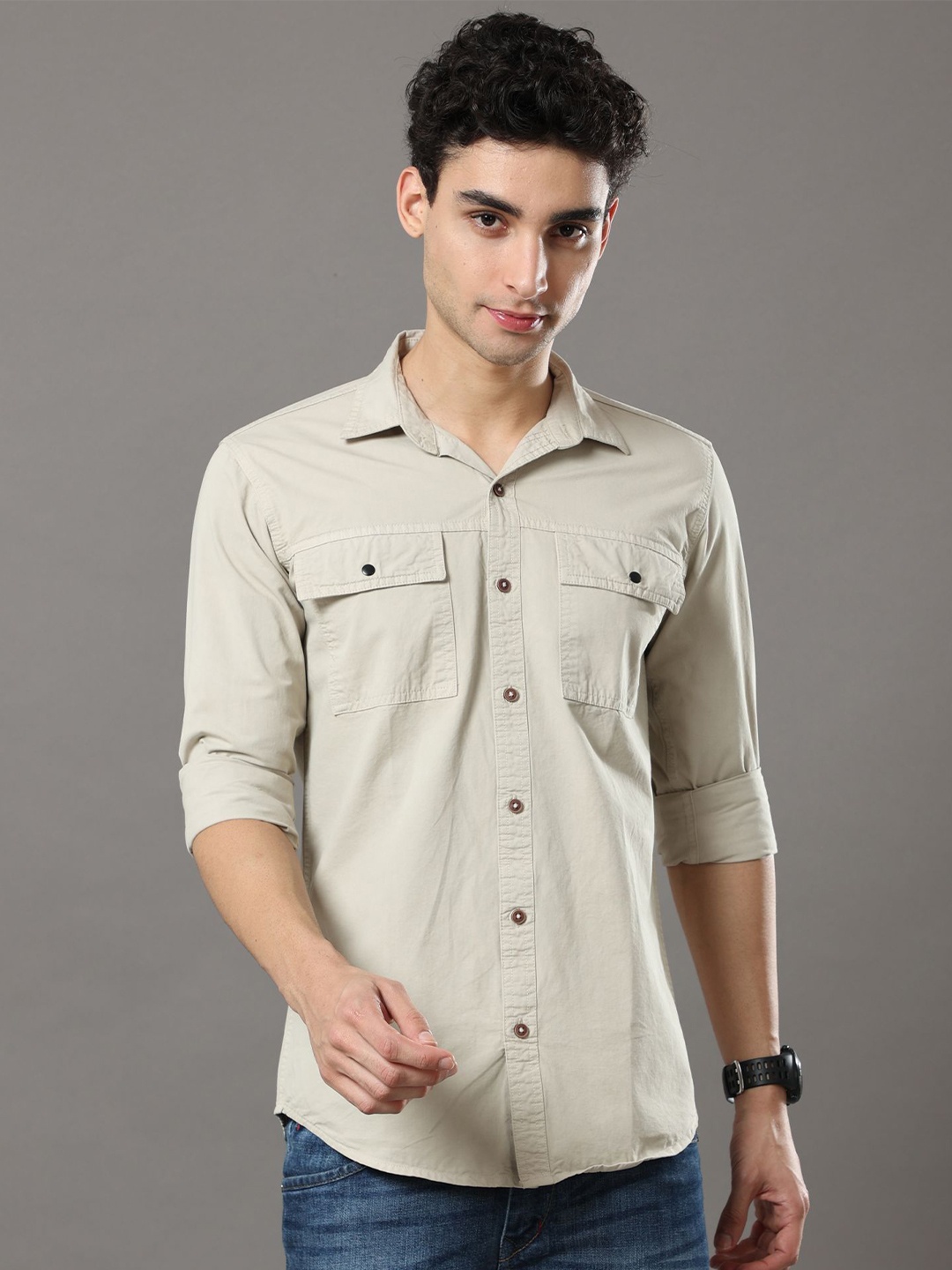 

Reslag Spread Collar Cotton Slim Fit Casual Shirt, Cream