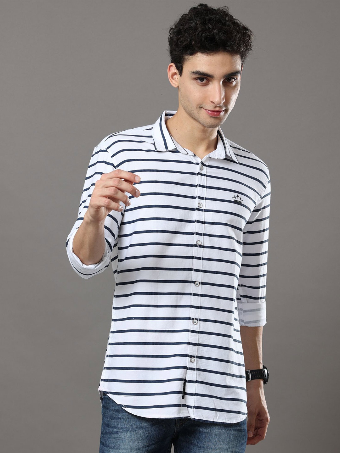 

Reslag Horizontal Striped Cotton Slim Fit Casual Shirt, White