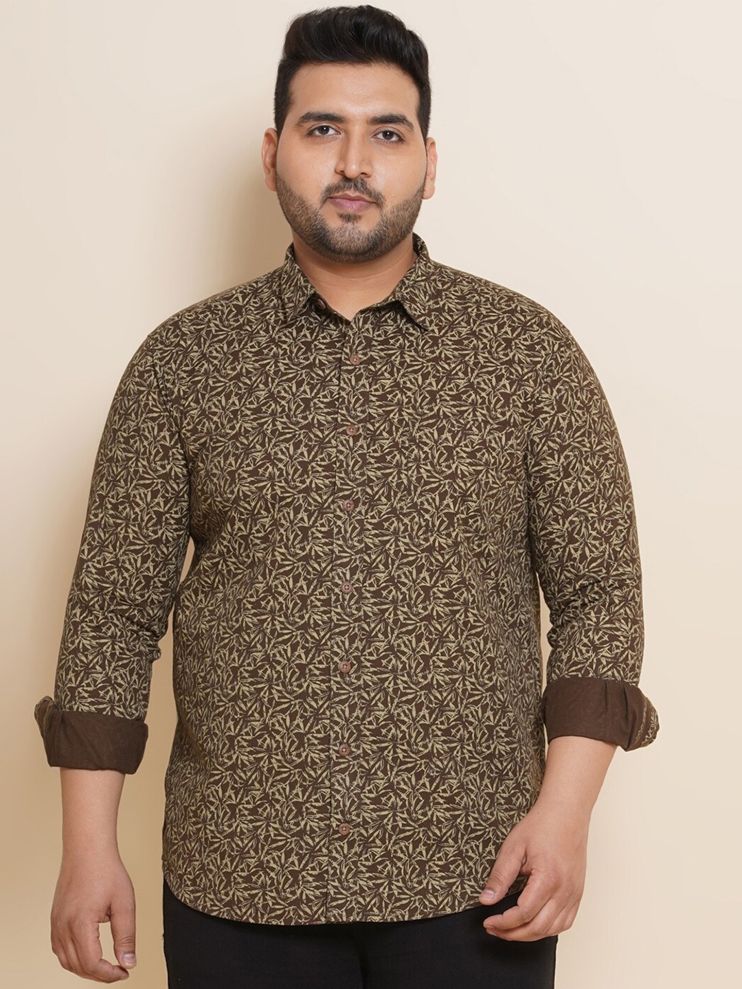 

John Pride Plus Size Spread Collar Floral Printed Cotton Casual Shirt, Brown