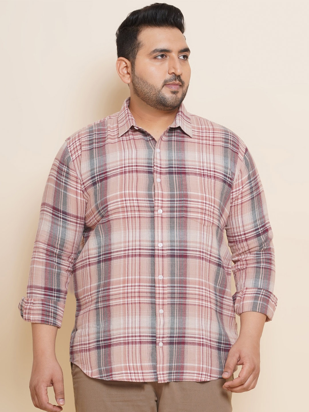 

John Pride Plus Size Spread Collar Tartan Checks Cotton Casual Shirt, Rust
