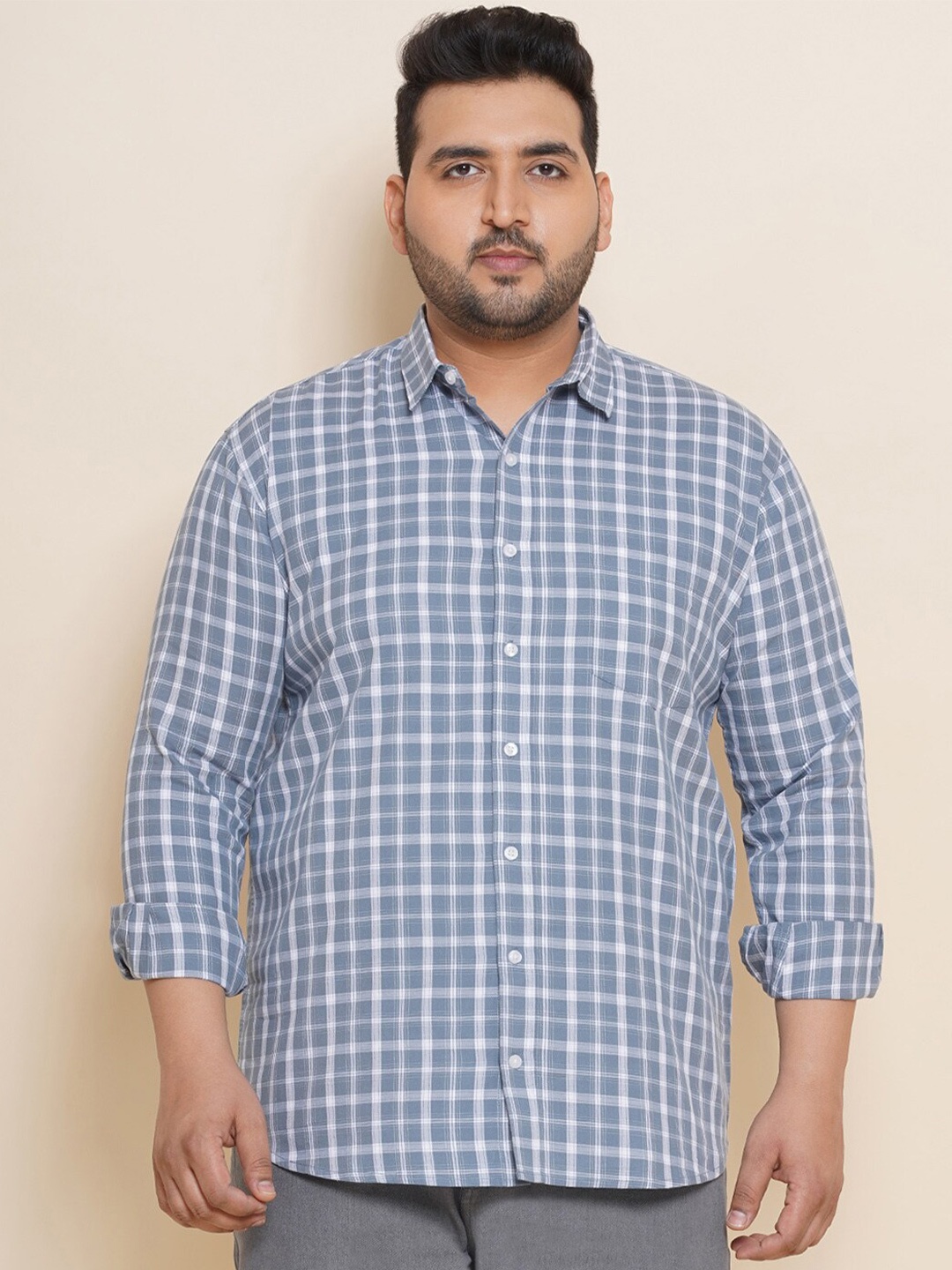 John Pride Plus Size Spread Collar Other Checks Cotton Casual Shirt, Blue