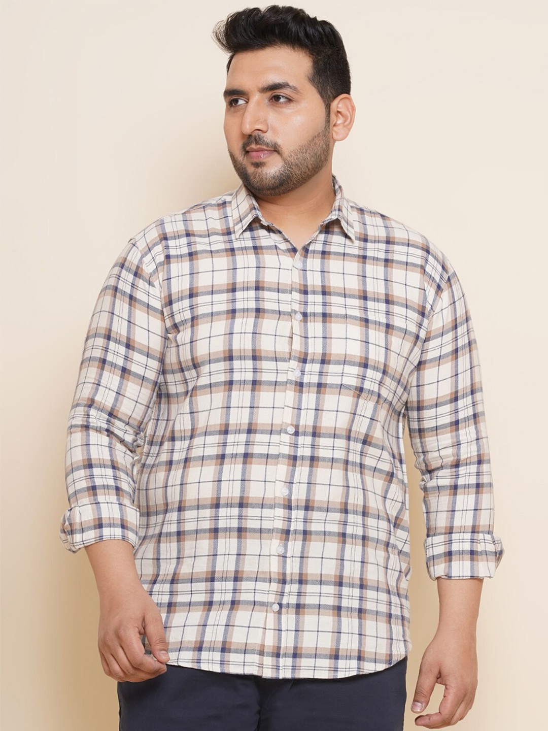 John Pride Plus Size Spread Collar Tartan Checks Cotton Casual Shirt, Beige