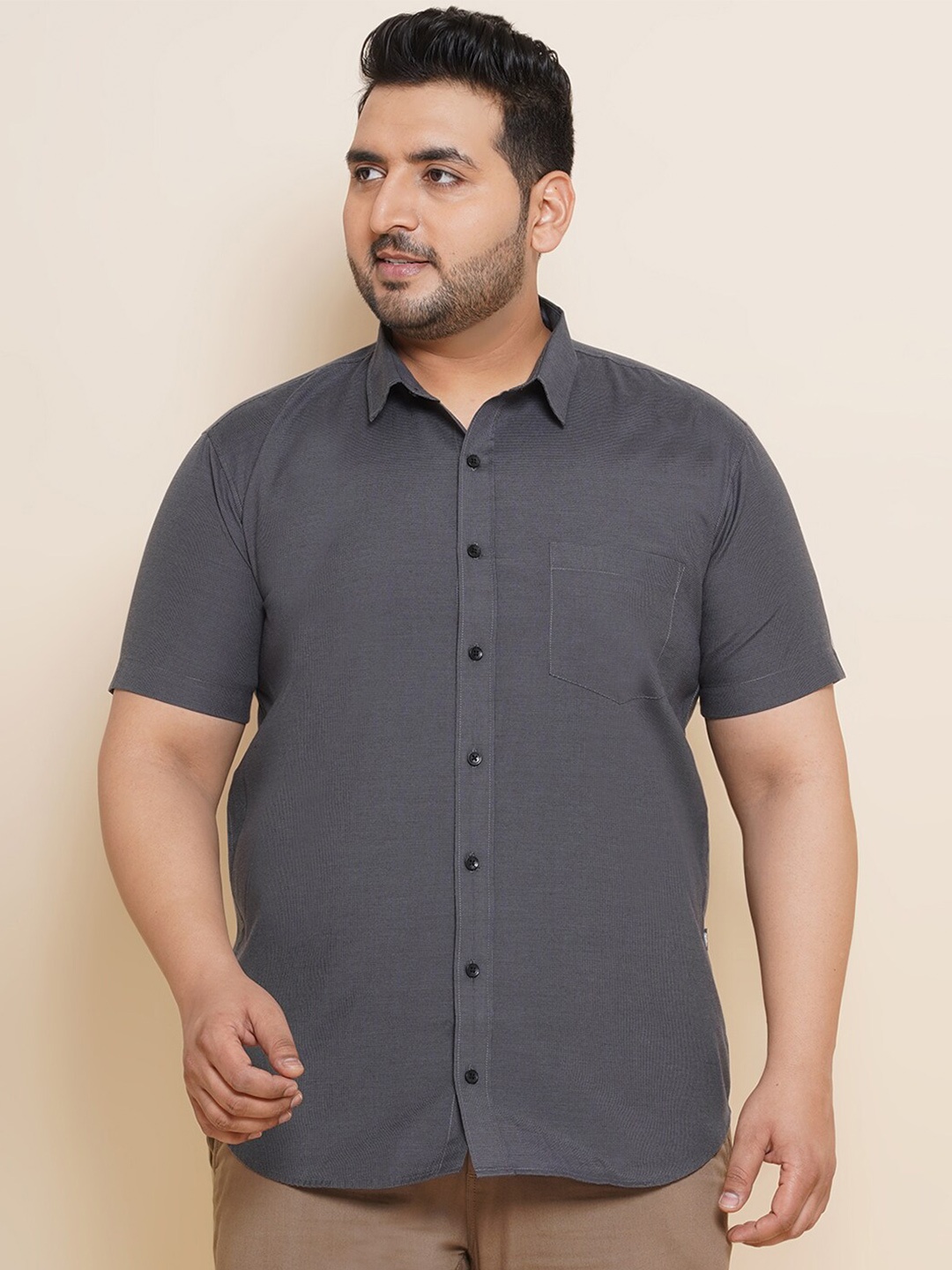

John Pride Plus Size Spread Collar Cotton Casual Shirt, Grey