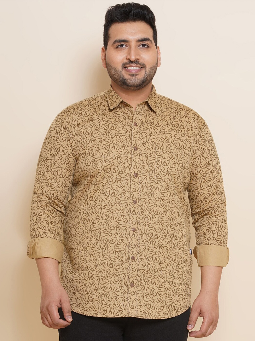 

John Pride Plus Size Spread Collar Floral Printed Cotton Casual Shirt, Beige