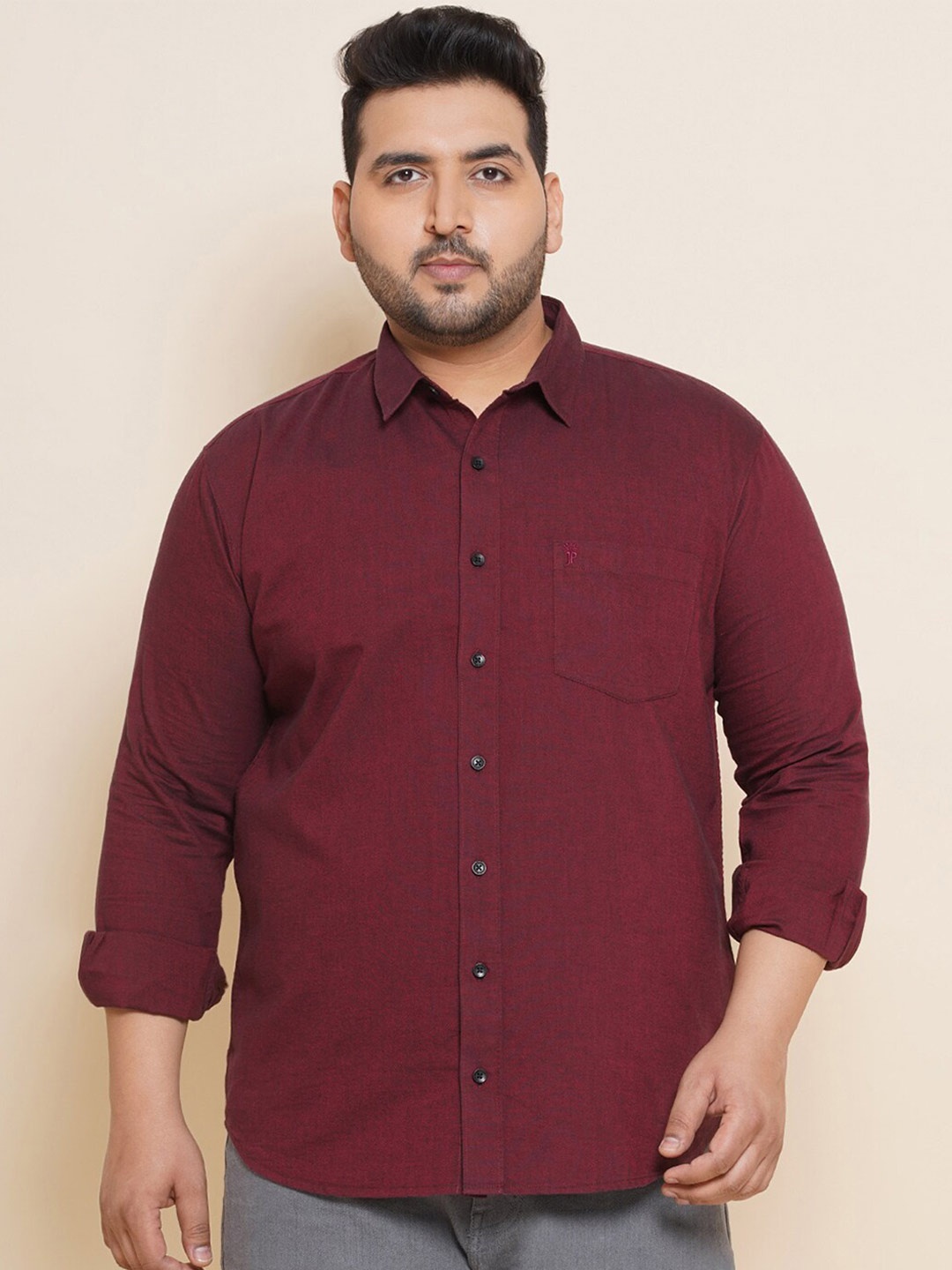 

John Pride Plus Size Spread Collar Oxford Cotton Casual Shirt, Maroon