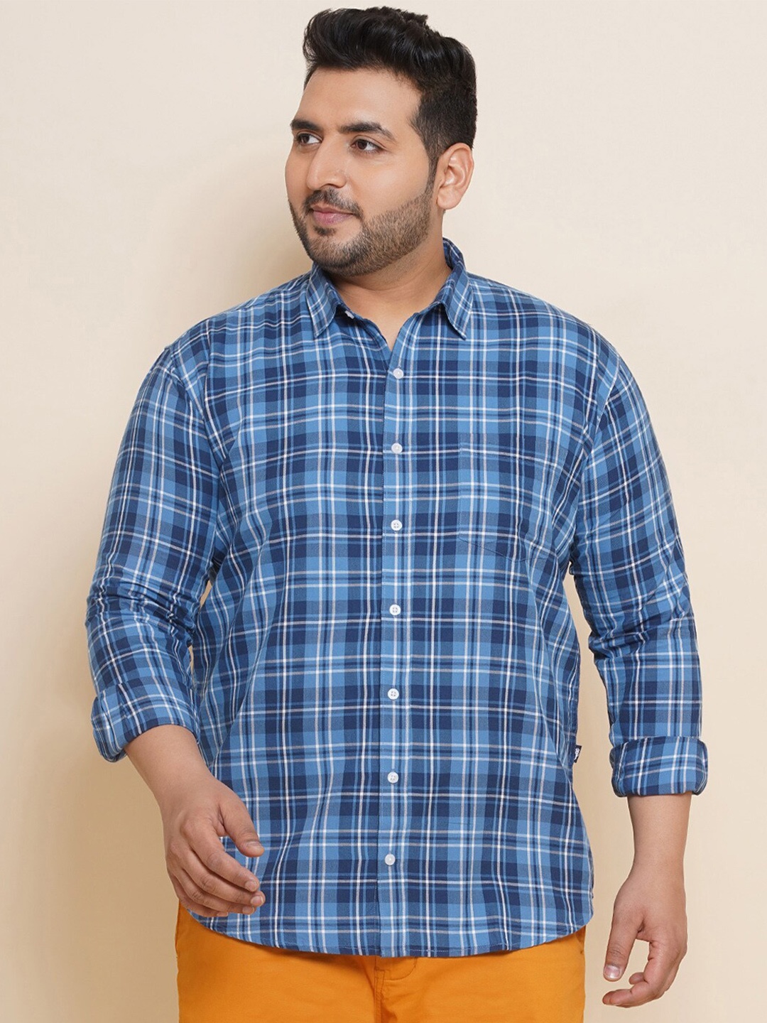 

John Pride Plus Size Spread Collar Tartan Checks Cotton Casual Shirt, Blue