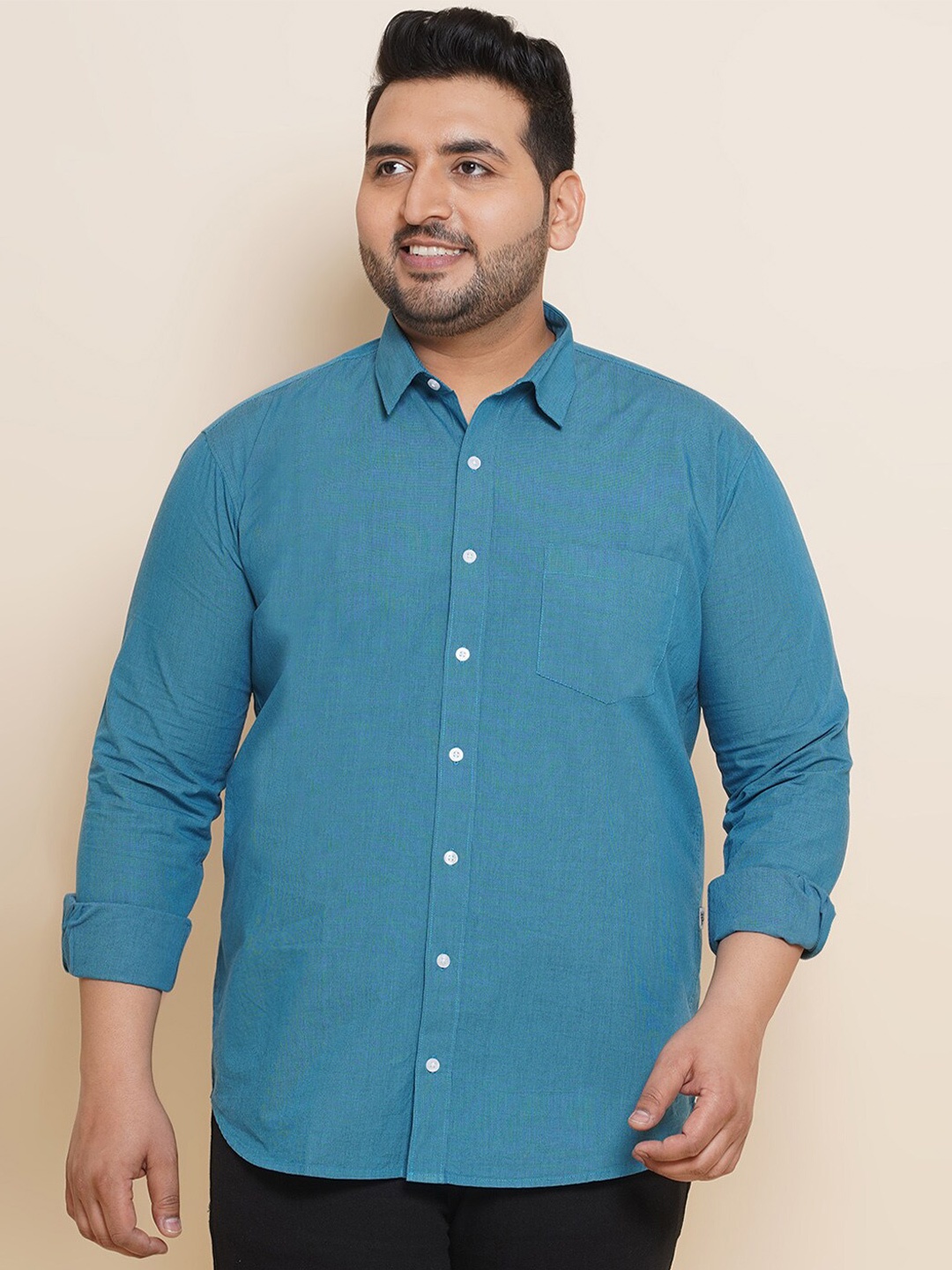 

John Pride Plus Size Spread Collar Cotton Casual Shirt, Blue