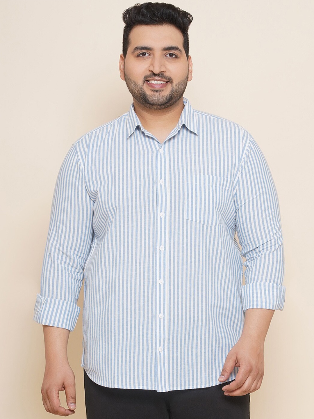 

John Pride Plus Size Spread Collar Striped Cotton Casual Shirt, Blue