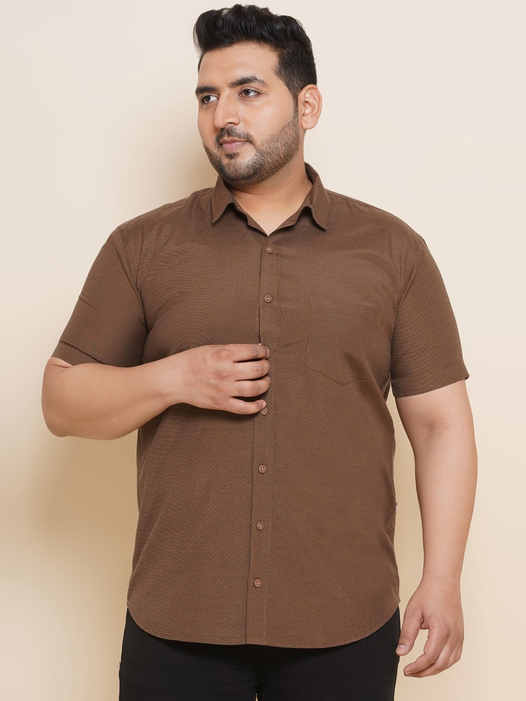 

John Pride Plus Size Spread Collar Cotton Casual Shirt, Brown