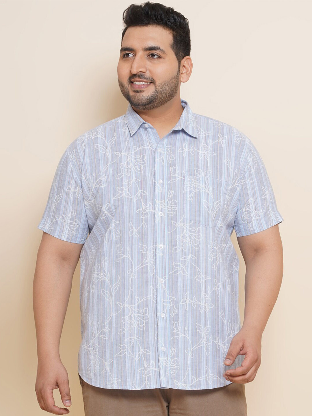 

John Pride Plus Size Spread Collar Floral Printed Linen Casual Shirt, Blue