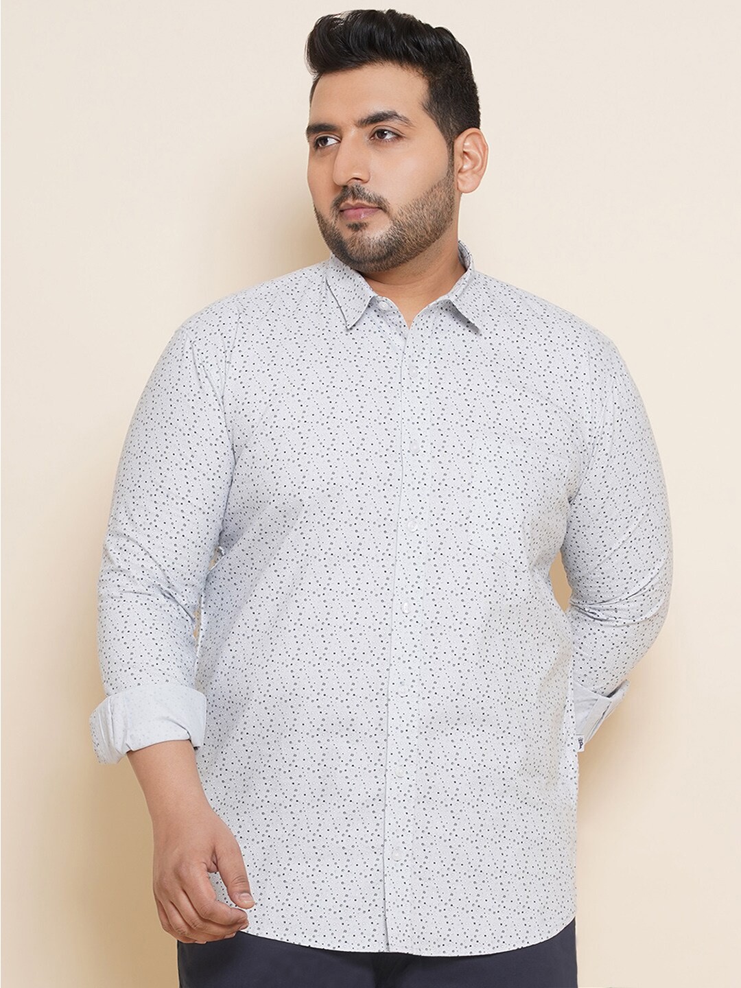 

John Pride Plus Size Spread Collar Micro Ditsy Printed Cotton Casual Shirt, Grey