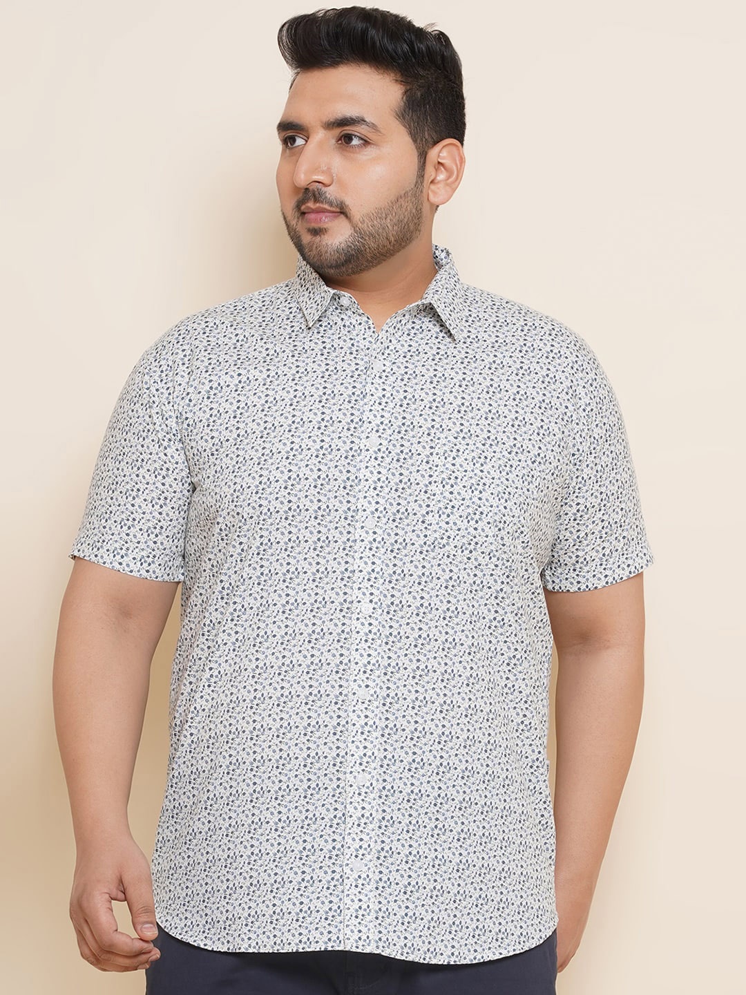 John Pride Plus Size Spread Collar Floral Printed Cotton Casual Shirt, White