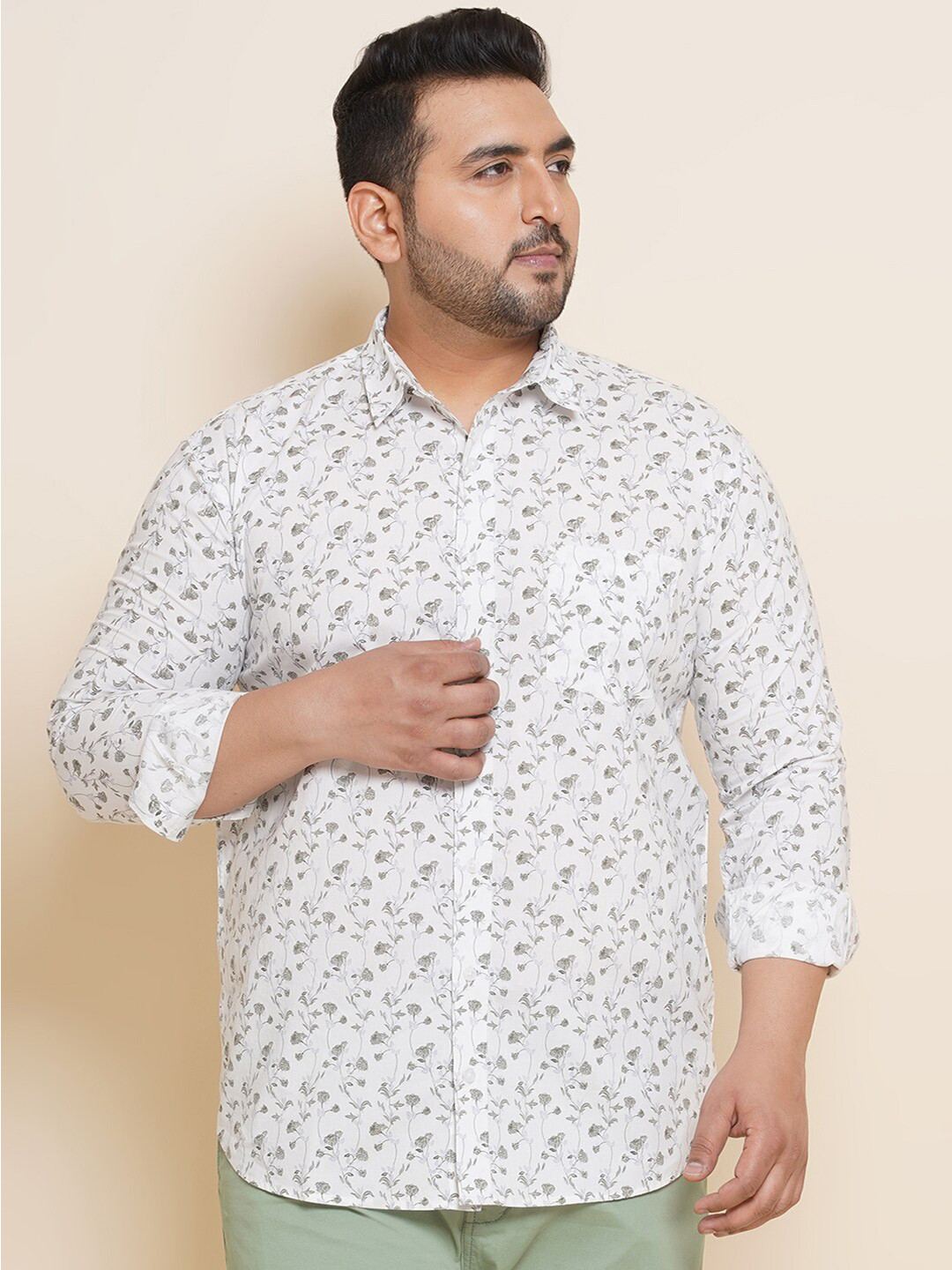 

John Pride Plus Size Spread Collar Floral Printed Cotton Casual Shirt, Off white