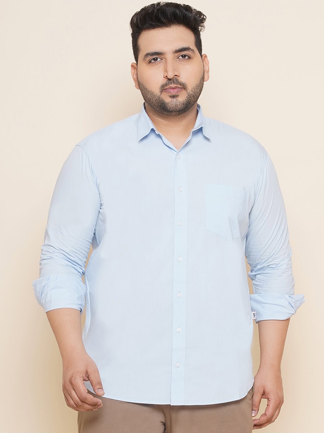 John Pride Plus Size Spread Collar Cotton Casual Shirt, Blue