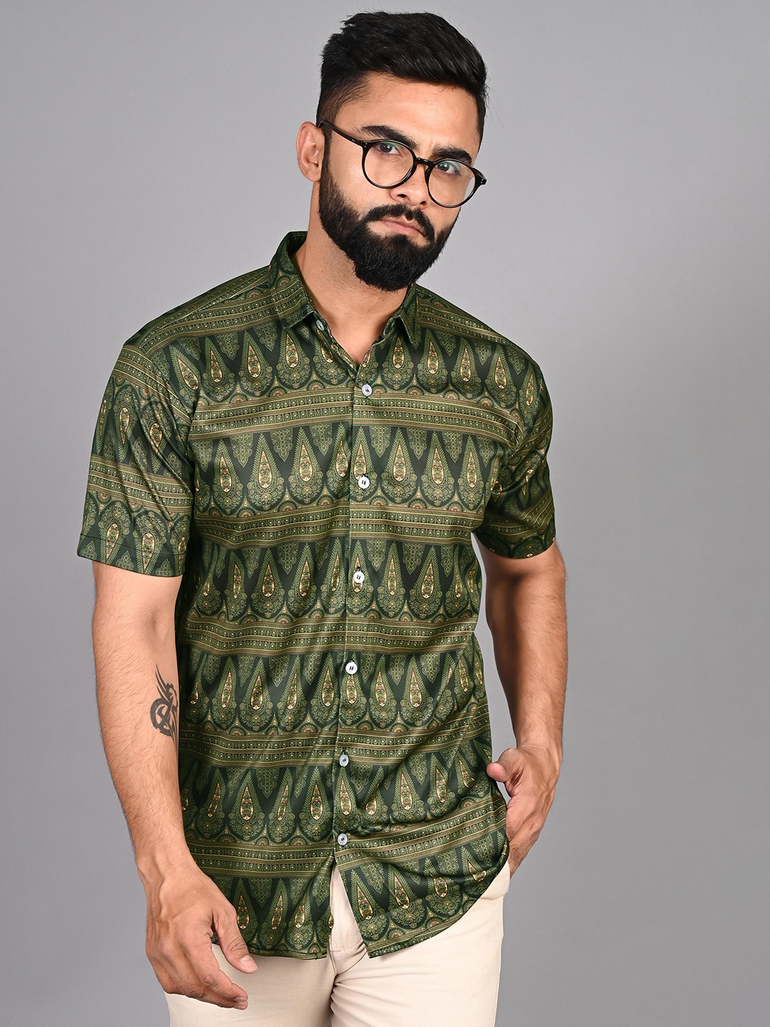 

FUBAR Modern Fit Ethnic Motifs Printed Casual Shirt, Green