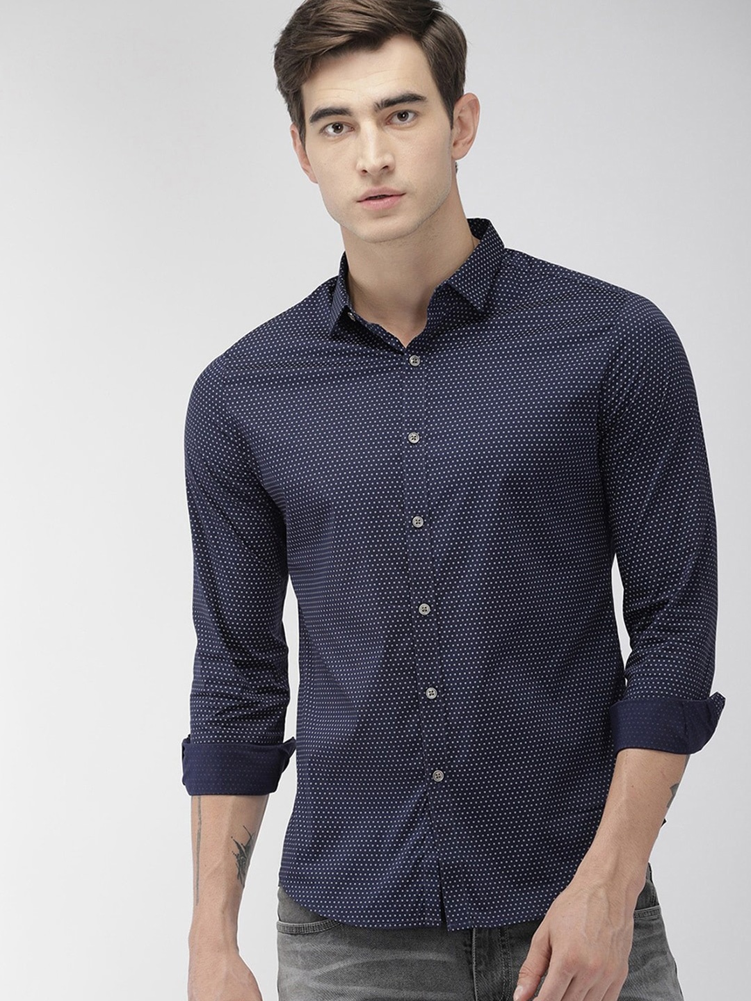 

FUBAR Modern Micro Ditsy Printed Cotton Casual Shirt, Navy blue