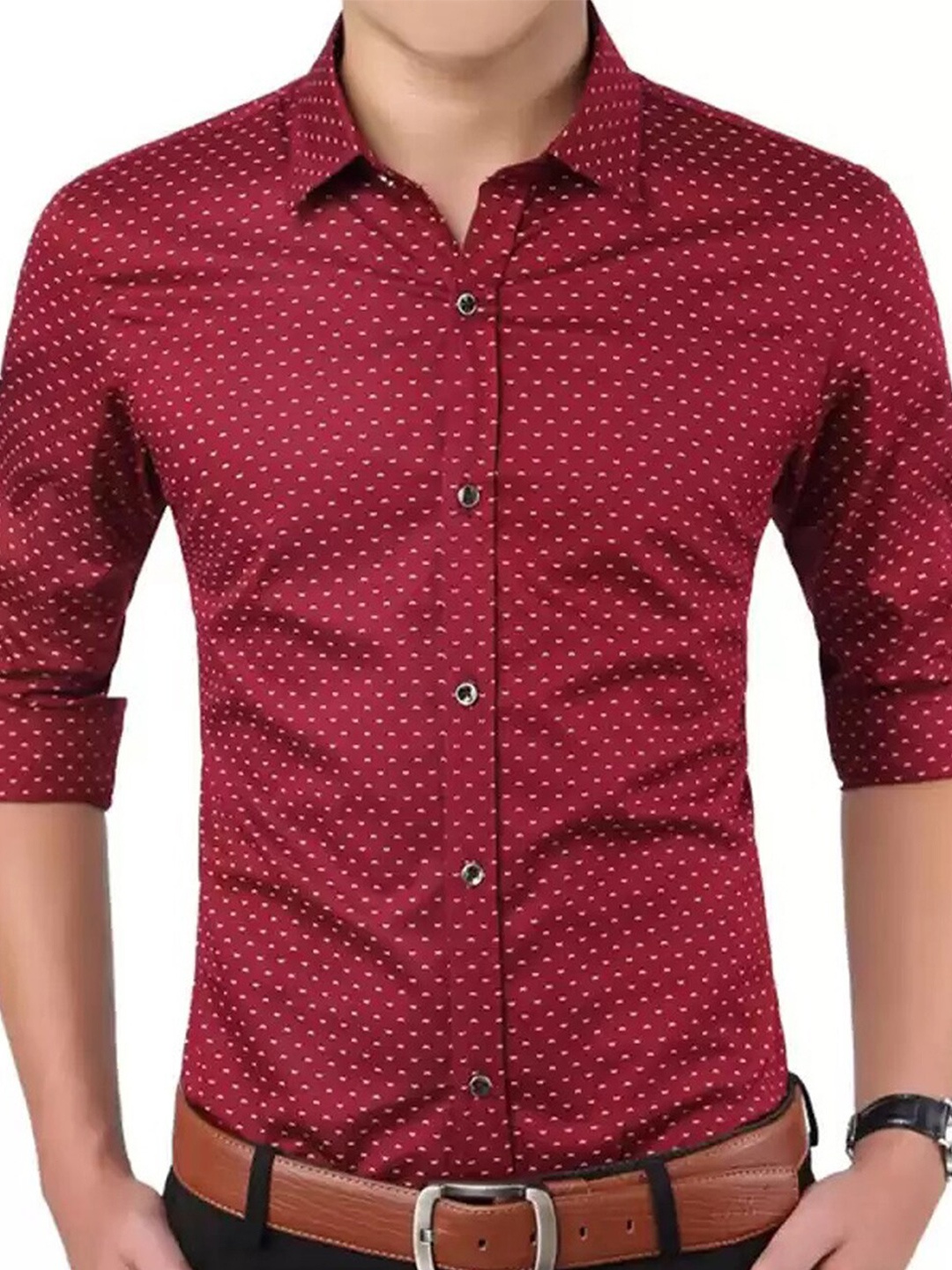 

FUBAR Modern Micro Ditsy Printed Cotton Formal Shirt, Maroon