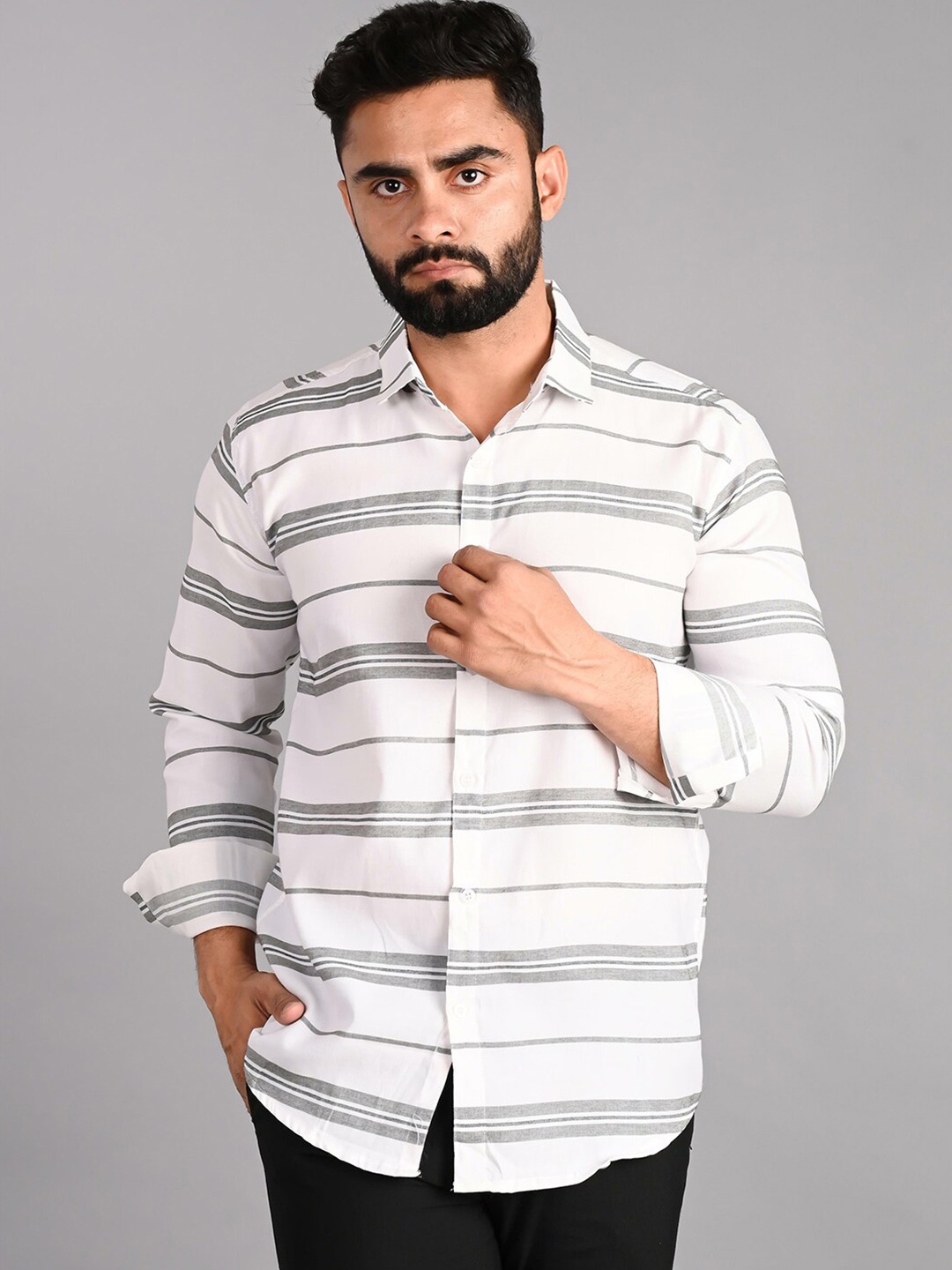 

FUBAR Horizontal Stripes Cotton Casual Shirt, White