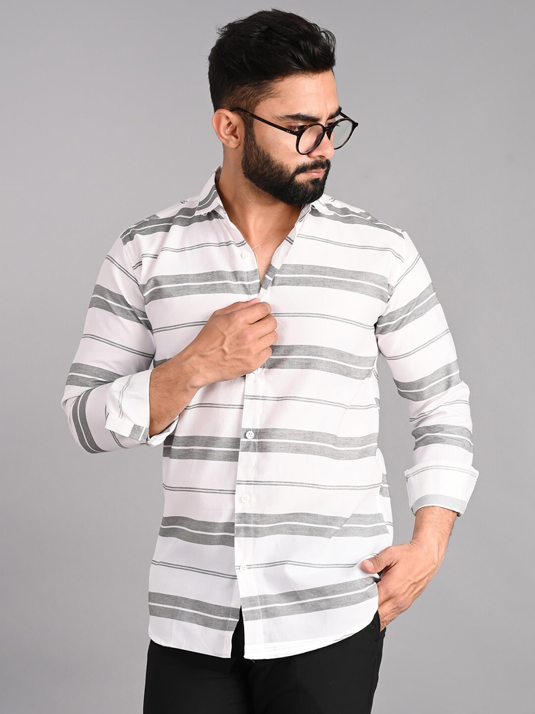 FUBAR Modern Horizontal Stripes Cotton Casual Shirt, White