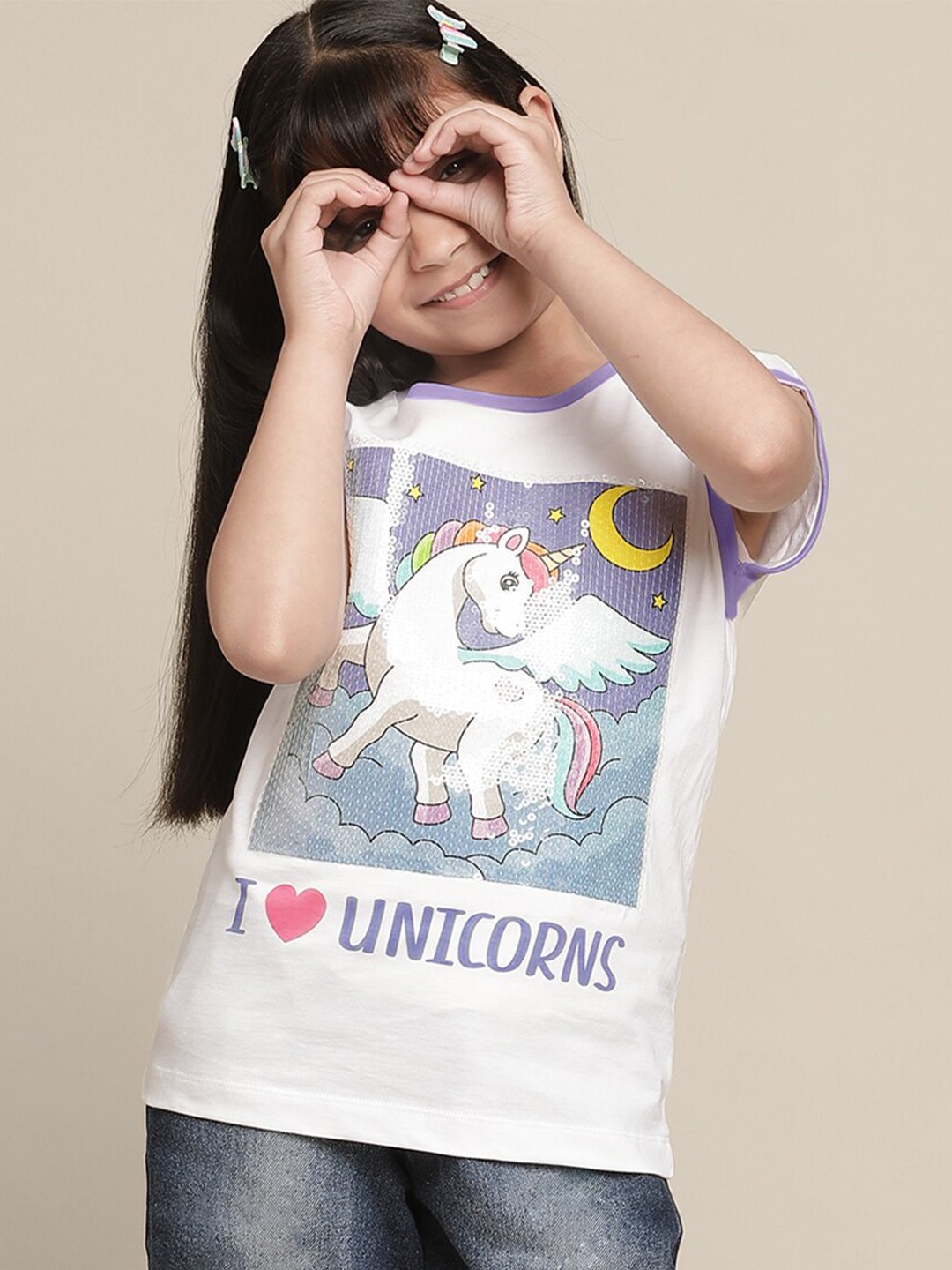

Kids Ville Girls Unicorn Graphic Printed Cotton Casual T-Shirt, White